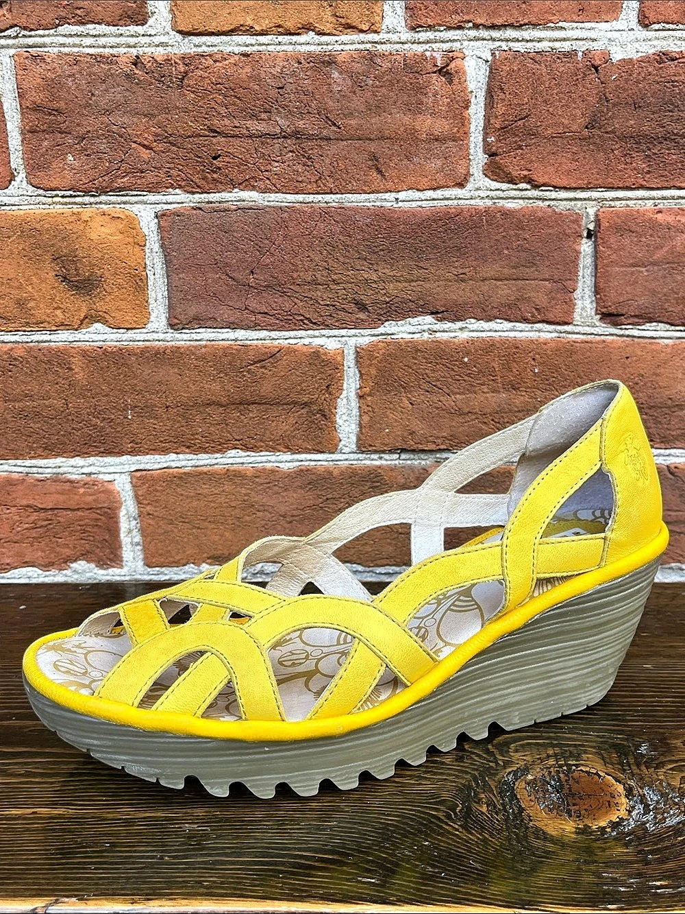 FLY London YADI Basket Weave Wedge Sandals in Yellow Leather